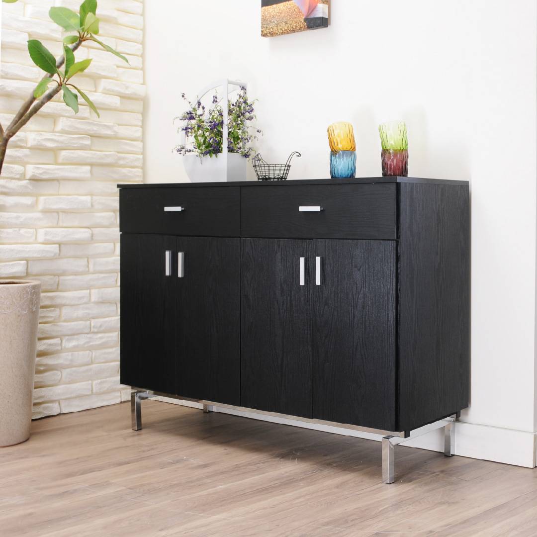 Two drawers, laminated storage space, metal feet, high-shaped cabinet, black, space sense.